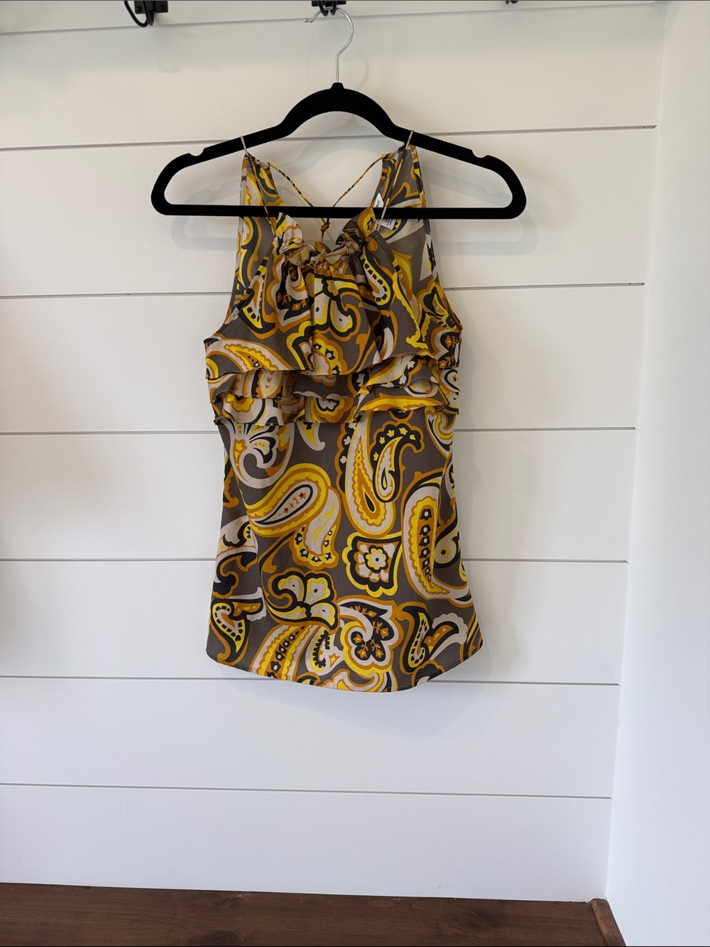 Banana Republic Yellow, Gray and Black Paisley Patterned Halter Top XS